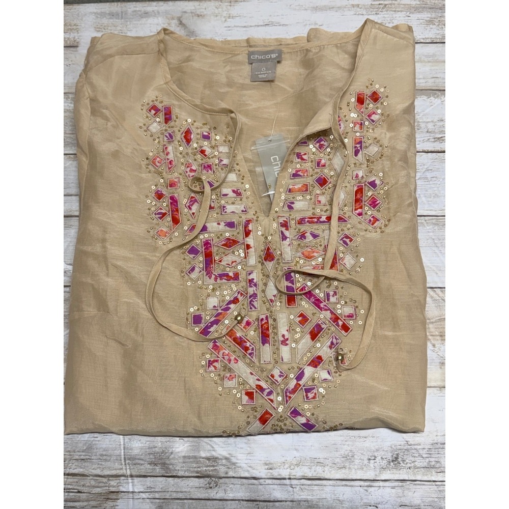 Chico's‎ Sand Beaded Embroidered Silk Blend Lightweight Tunic Top Size 0(U.S.4)